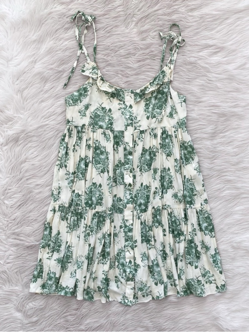 OLIVE Clothing Cream Green Floral Toile Button Front Tiered Hem Mini Dress S